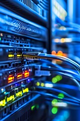 Naklejka premium Brightly Illuminated Network Server Room with Colorful Cables and LED Lighting Effects : Generative AI