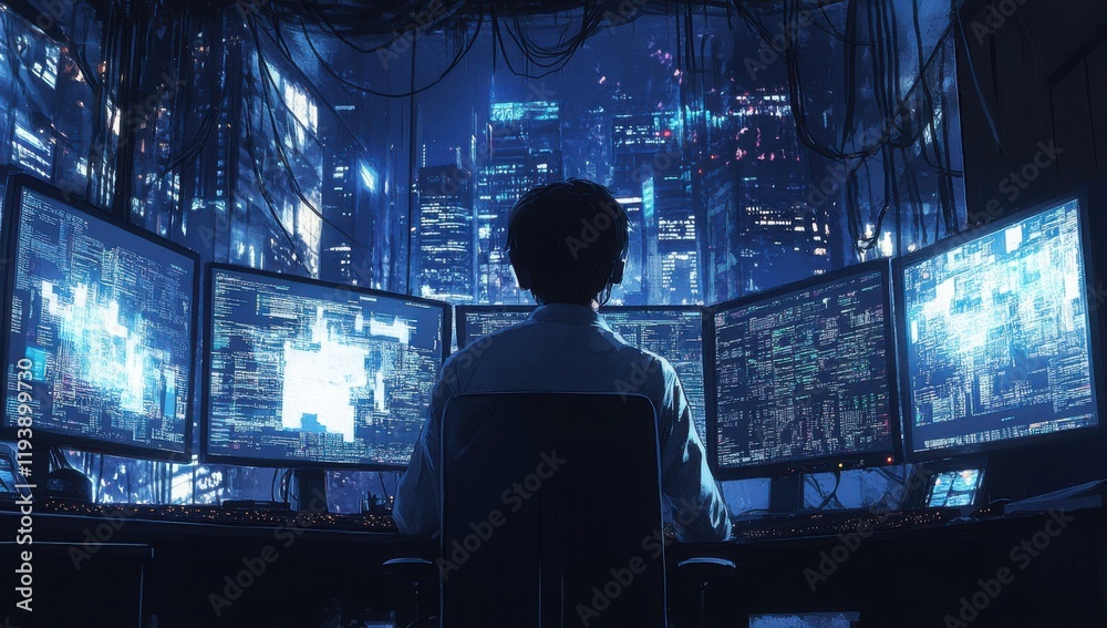 Aufkleber modern digital workspace featuring a programmer surrounded by multiple computer screens in a high-te
