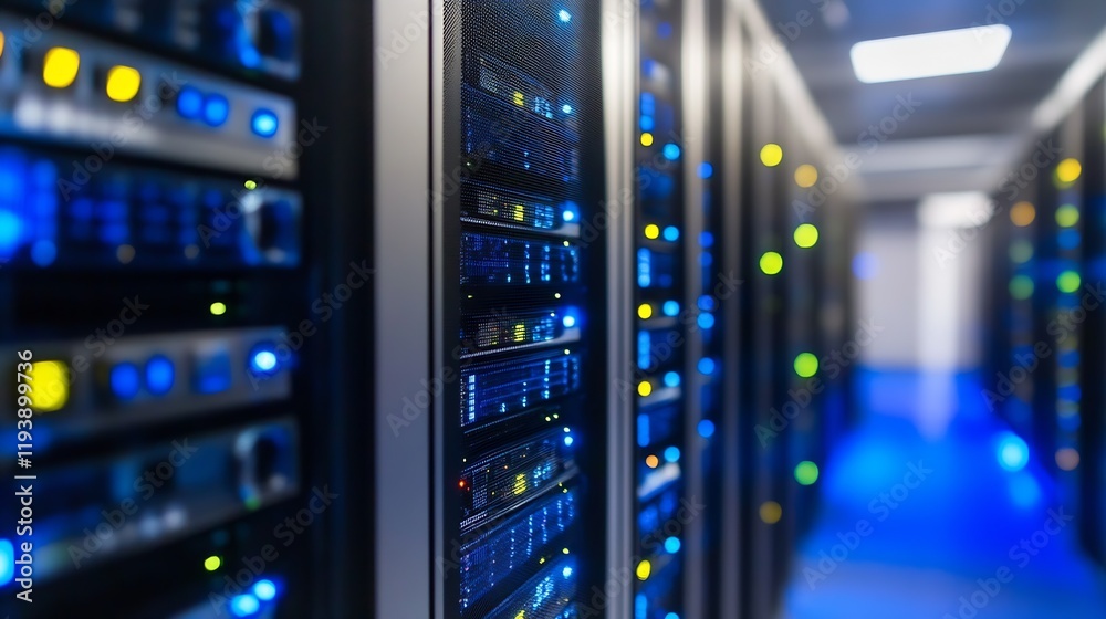 Poster Close-up of illuminated servers in a high-performance computing data center facility : Generative AI