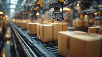 Automated conveyor system with robotic arm handling cardboard boxes in a modern warehouse, showcasing efficiency in logistics and distribution processes