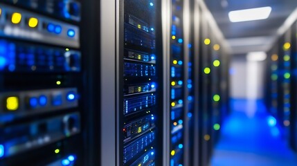 Naklejka premium Close-up of illuminated servers in a high-performance computing data center facility : Generative AI