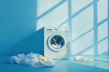 A modern washing machine surrounded by crumpled laundry on a blue background.