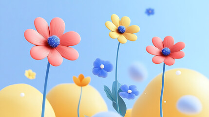 The image features a whimsical and colorful scene with vibrant flowers in shades of pink, yellow, and blue, set against a bright blue background with soft, blurred shapes in the foreground