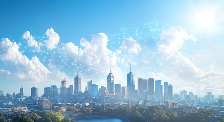 Overview of a City Skyline Featuring Modern Architecture Under a Bright Blue Sky with Clouds and Digital Elements Symbolizing Connectivity and Innovation