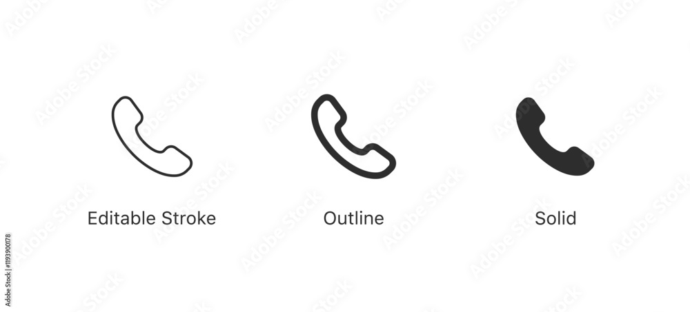 Poster telephone call icon symbol, phone receiver icon in three styles: editable stroke, outline, and solid for communication, contact, and digital design projects in mobile and web interface. minimal vector