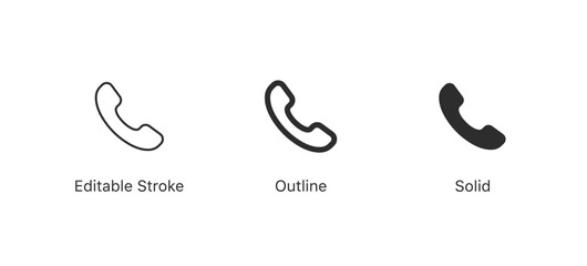 telephone call icon symbol, phone receiver icon in three styles: editable stroke, outline, and solid for communication, contact, and digital design projects in mobile and web interface. minimal vector