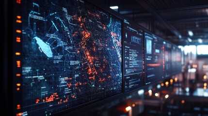 A detailed view of a monitor mounted on the factory wall showcasing an interactive map with hotspots indicating energyefficient machinery and areas with excessive energy use.