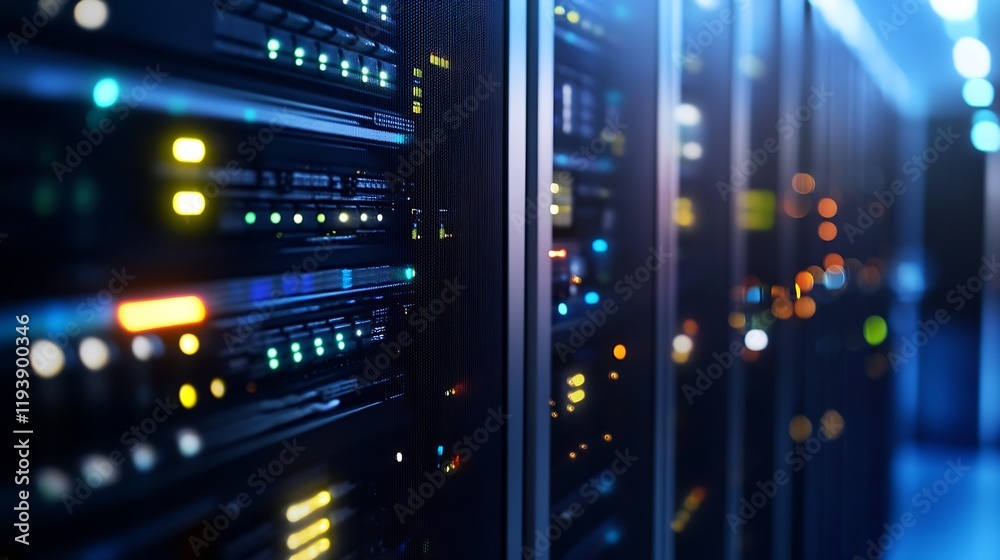 Poster High tech servers in a data center with glowing lights indicating digital connectivity : Generative AI