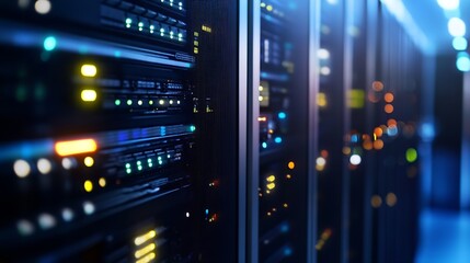 Naklejka premium High tech servers in a data center with glowing lights indicating digital connectivity : Generative AI