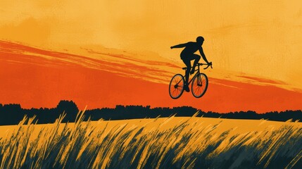 Obraz premium Bicyclist in Motion Against Vibrant Sunset Sky and Golden Fields