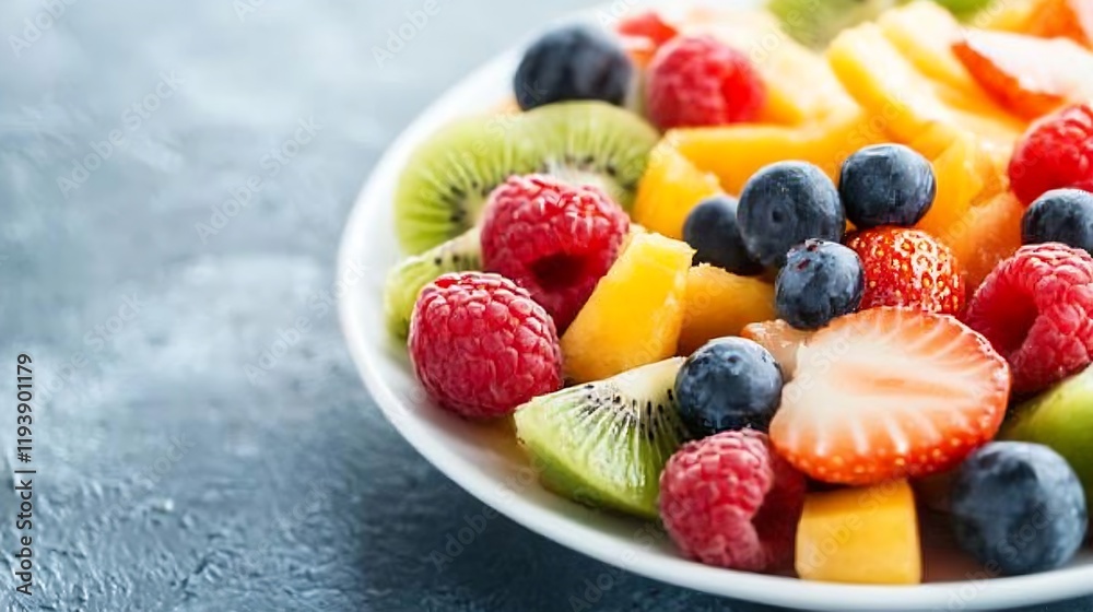 Poster colorful bowl of fresh mixed fruits featuring berries and citrus on a rustic table : generative ai
