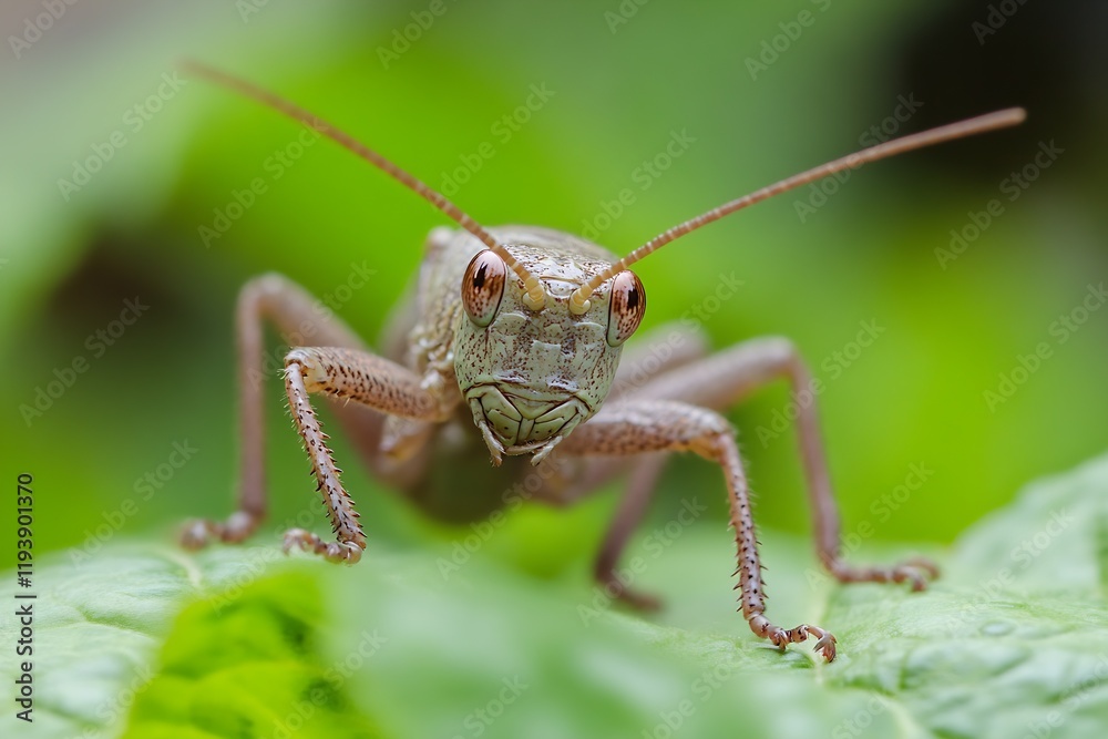 Poster close-up of grasshopper on green leaf in natural habitat : generative ai