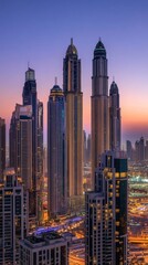Obraz premium tall buildings illuminated at night next to a lake in Dubai with copy space vertically 9:16