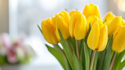 Naklejka premium Bouquet of Bright Yellow Tulips in Soft Natural Light with Blurred Background : Generative AI