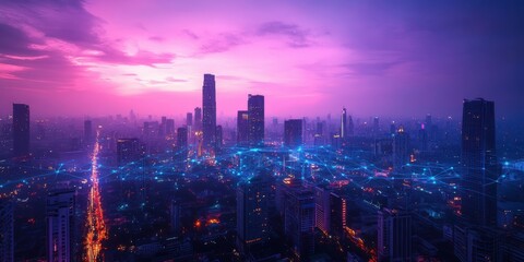 Fototapeta premium Stunning Aerial View of a Bustling Urban Cityscape at Dusk with Twilight Colors and Vibrant Neon Lights Creating a Nighttime Illumination Effect