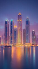 Fototapeta premium tall buildings illuminated at sunset next to a lake in Dubai with copy space vertically 9:16