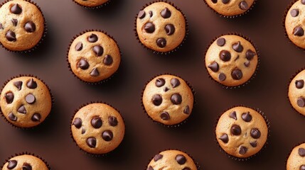 Fototapeta premium Chocolate chip muffins arranged in rows on brown background. Perfect for bakery, food blog, or recipe website.