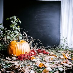Autumn Thanksgiving Still Life  Pumpkin  Berries  Leaves   Blackboard