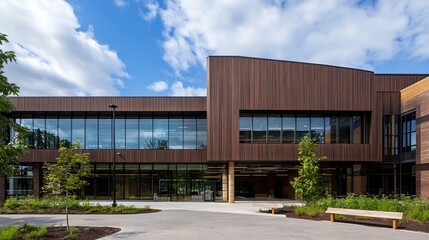Obraz premium Modern Wooden Facade of Educational Building Under Blue Sky with Greenery and Courtyard : Generative AI