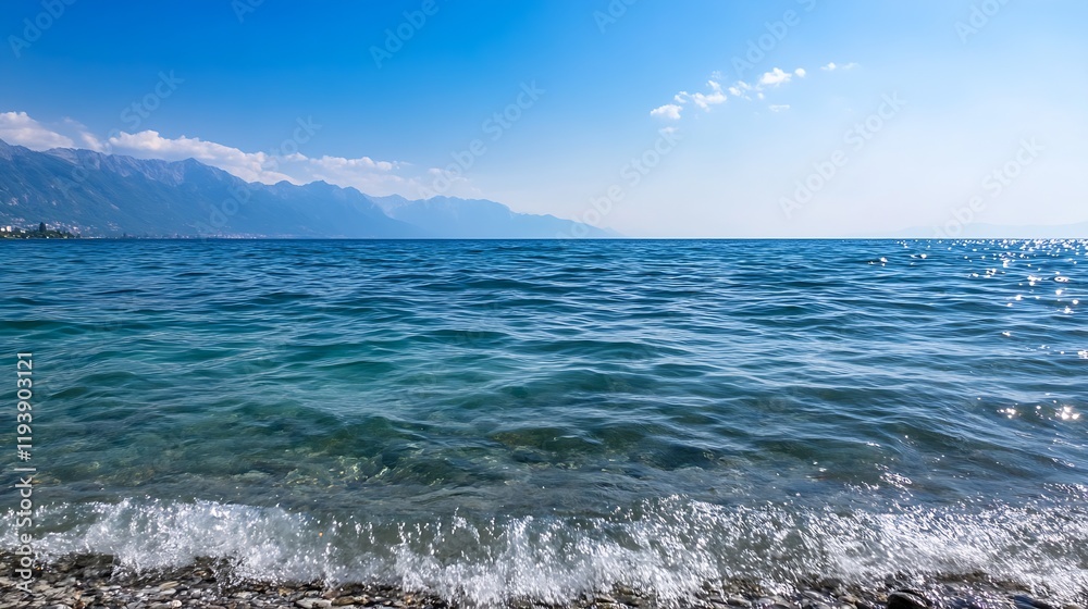 Poster clear blue ocean waves lapping against a rocky shoreline under open skies : generative ai