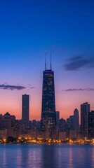 Fototapeta premium tall buildings illuminated at sunset next to a lake in Dubai with copy space vertically 9:16