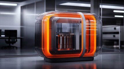 Obraz premium Futuristic Orange Transparent 3D Printer in Modern Office