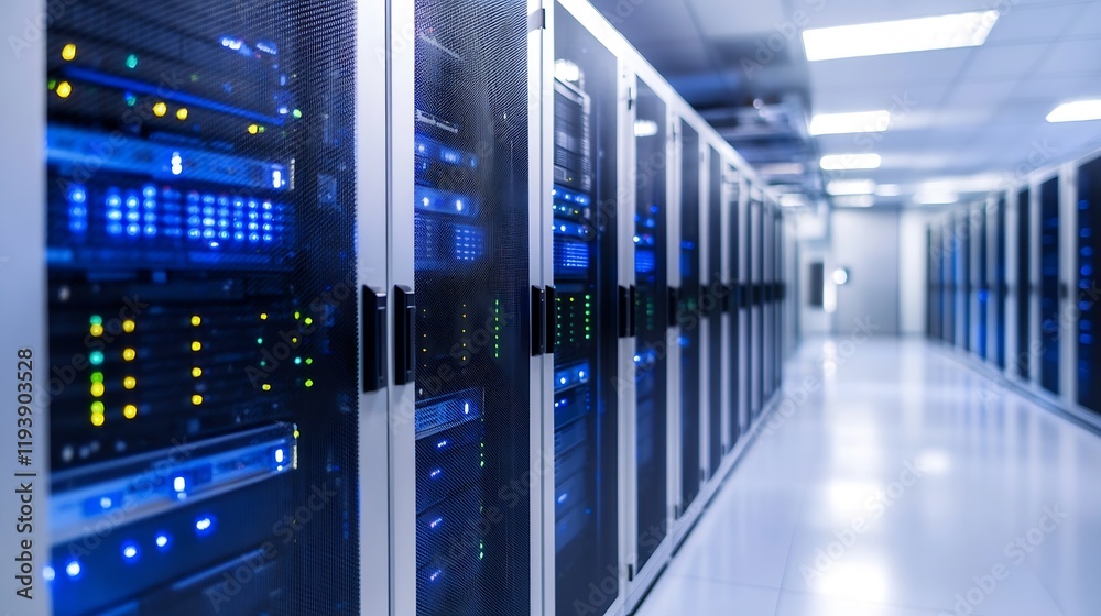 Aufkleber advanced server racks in a sleek data center room with blue light ambiance and reflective surfaces :