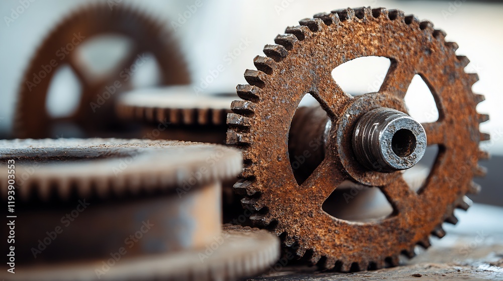 Poster Close-Up of Rusty Gears Symbolizing Industrial Age and Mechanical Engineering : Generative AI