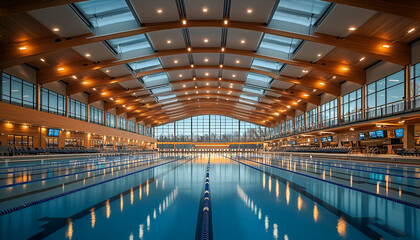Fototapeta premium Indoor Olympic-size pool, daytime, wood beams, city view