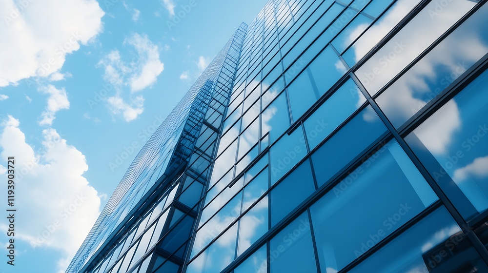 Poster modern glass skyscraper reflecting blue sky and clouds in urban city environment architecture : gene