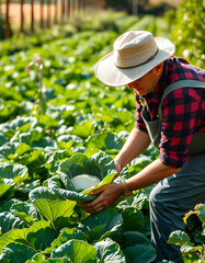 Gardener Harvesting Fresh Cabbage in a Lush Green Vegetable Garden on a Sunny Day, smooth light. isolated with white highlights