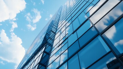 Fototapeta premium Modern glass skyscraper reflecting blue sky and clouds in urban city environment architecture : Generative AI