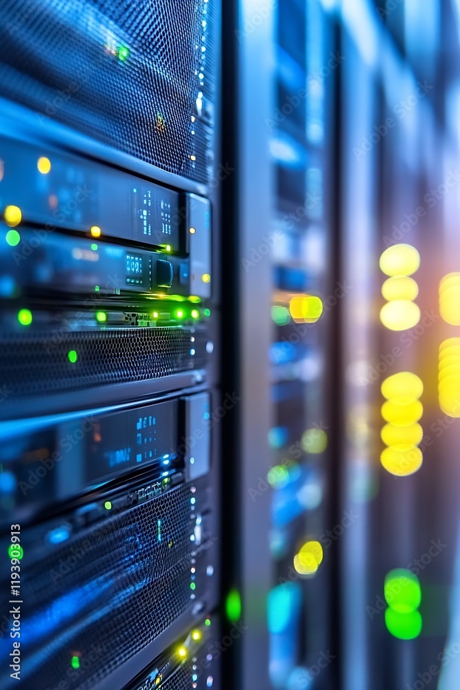 Fototapete Modern Data Center with Colorful LED Lights and Metallic Server Racks : Generative AI