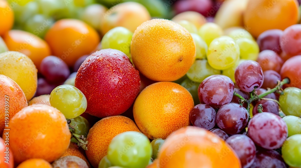 Poster bright assortment of fresh citrus and grapes with dewdrops capturing summer harvest vibrancy : gener