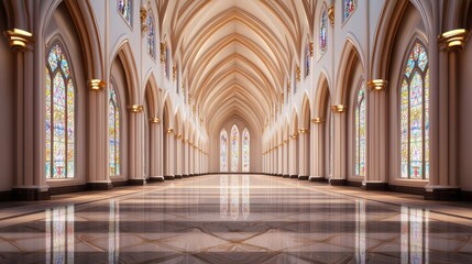 Fototapeta premium Elegant Gothic Architecture Interior with Colorful Stained Glass