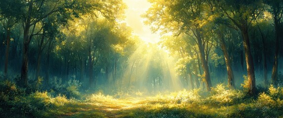 Fototapeta premium Young Woman Hiking in Serene Forest Under Warm Sunlight