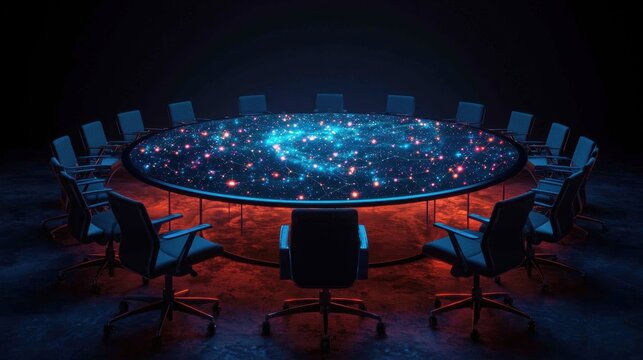 Cosmic Conference Table Surrounded by Empty Modern Office Chairs