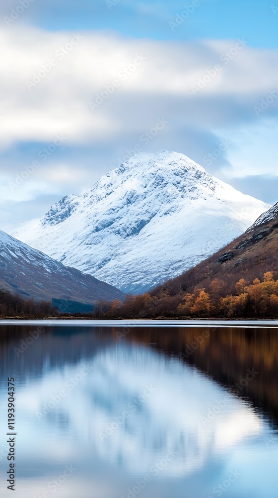 Poster majestic snow capped mountain with autumnal foothills reflected in tranquil lake under a cloudy sky 