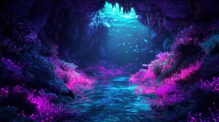Obraz premium Enchanting Underwater Cave with Vibrant Corals and Colorful Lights