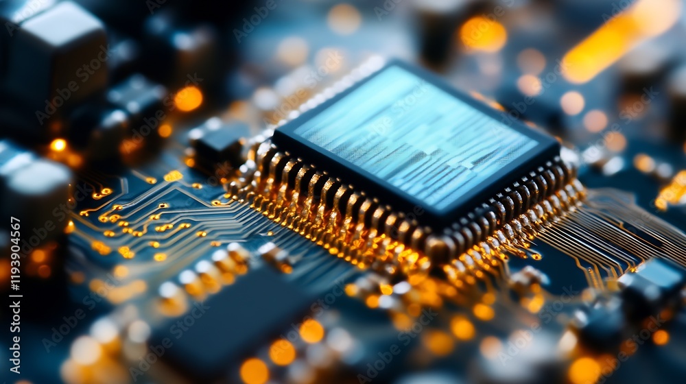 Fototapete Closeup of a High-Performance Microchip on a Computer Circuit Board : Generative AI