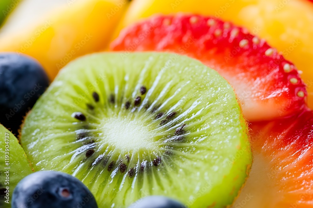 Poster assortment of fresh slices of kiwi strawberry blueberry in vivid colors : generative ai