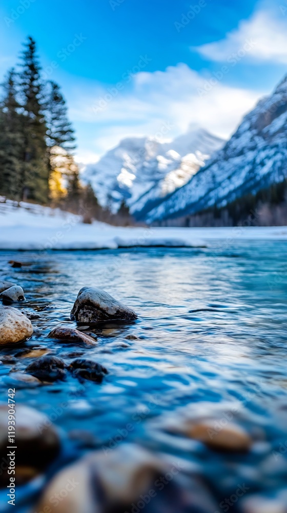 Poster tranquil mountain lake surrounded by snowcapped peaks and pines : generative ai