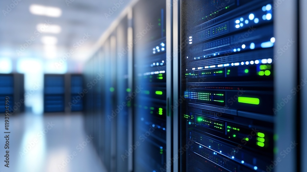 Fototapete Modern Data Center with Illuminated Server Racks Showcasing Advanced Network Infrastructure and Technology : Generative AI