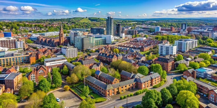 Wolverhampton's skyline: a stunning high-resolution aerial view from the West Midlands.