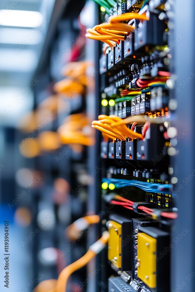 Leinwandbilder Closeup View of Network Server with Cables and LED Lights in Data Center Environment : Generative AI