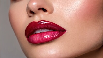 Fototapeta premium A portrait showcasing a gl look with a deep red at the lips center that melts into a soft rose pink toward the edges with a high gloss that adds an irresistible shine and allure.