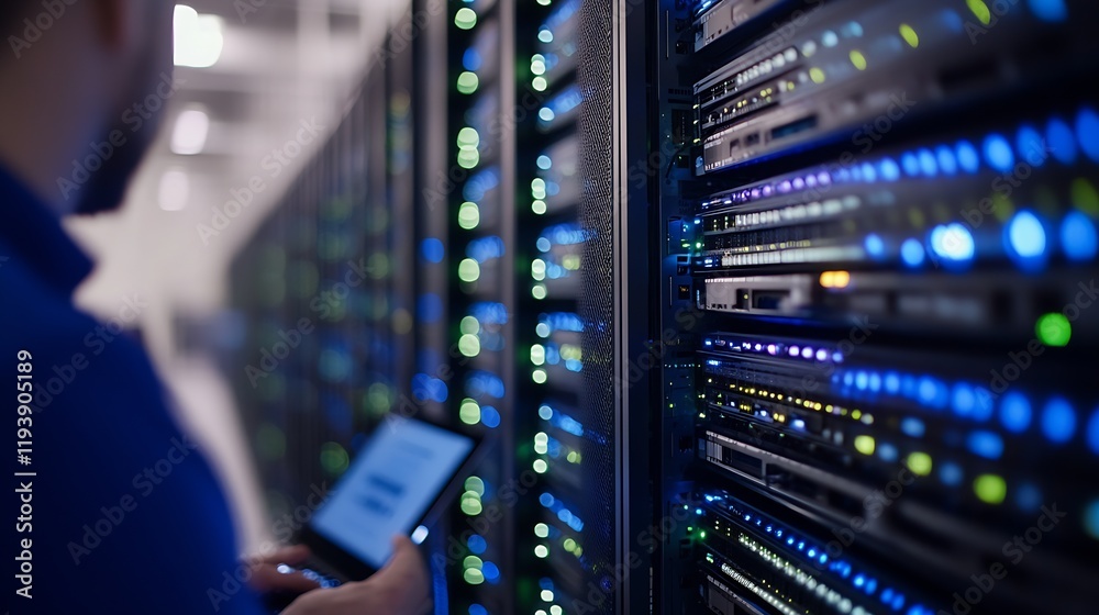 Aufkleber IT Specialist Maintaining Servers in a Data Center with LED Indicators : Generative AI