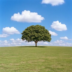 Obraz premium Lush Green Tree Under Blue Sky With Fluffy White Clouds