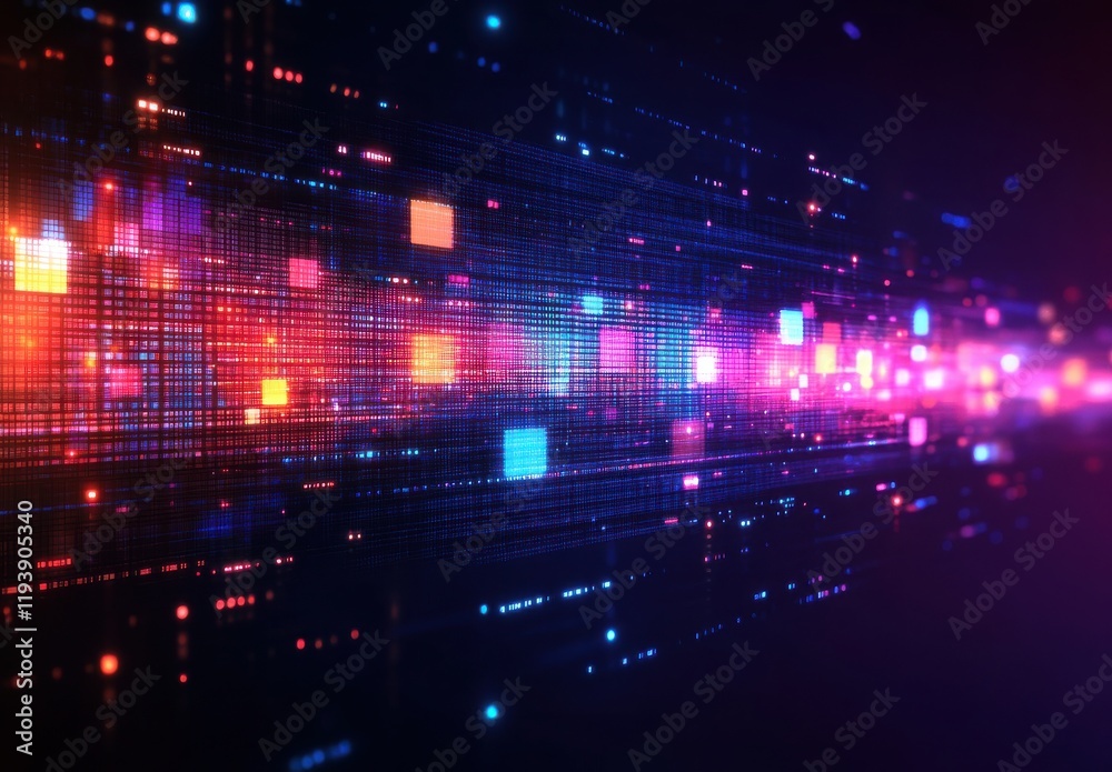 Poster vibrant abstract digital background with colorful lights and grid patterns for use in technology and