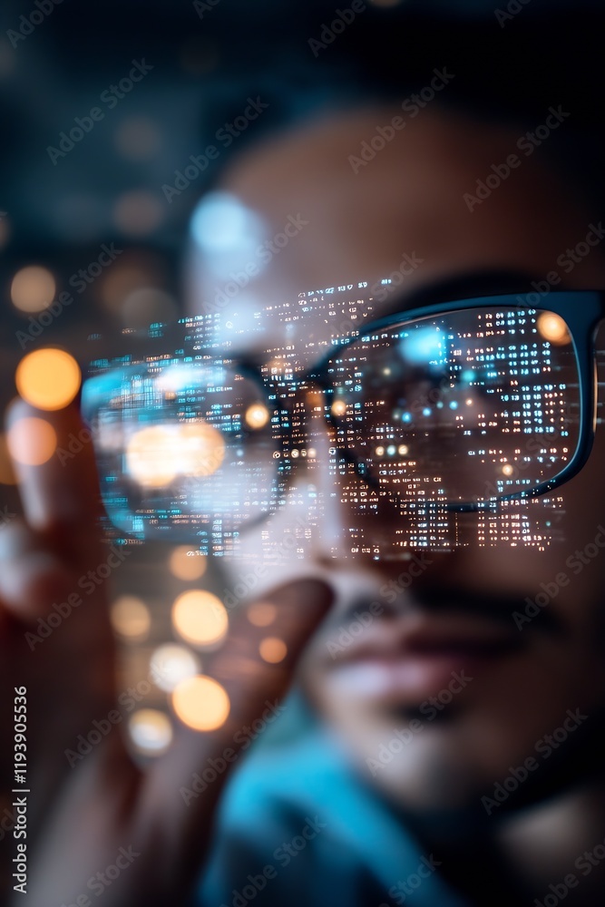 Poster Futuristic technology concept with digital interface reflection on glasses : Generative AI